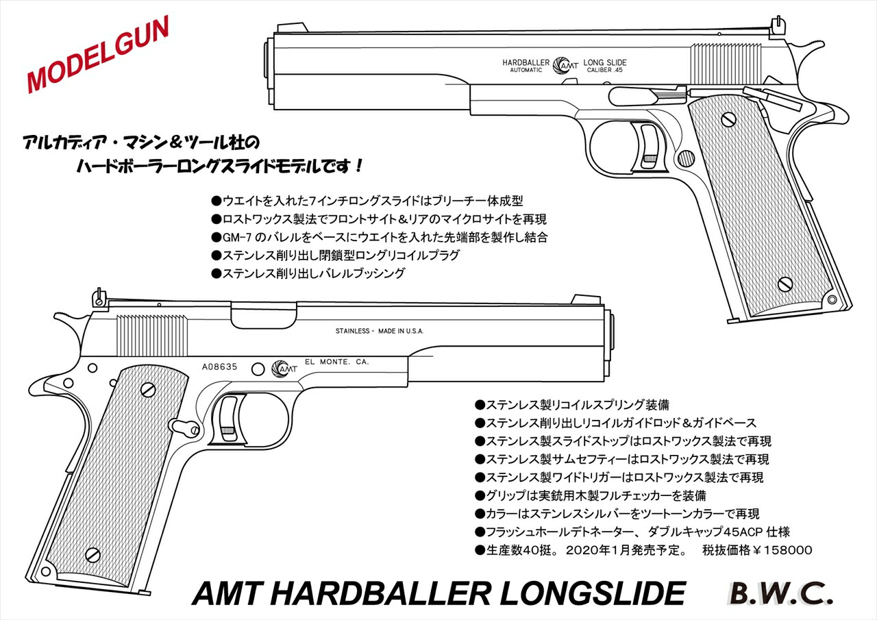 楽天市場 Bwc 発火 モデルガン ハードボーラー ロングスライドモデルモデル 45acp カートリッジ 6発付 ミリタリーショップ 琥花堂