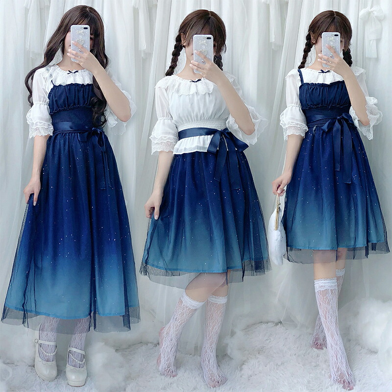 楽天市場】ロリータ ワンピース ロング丈 膝丈 星空柄 lolita