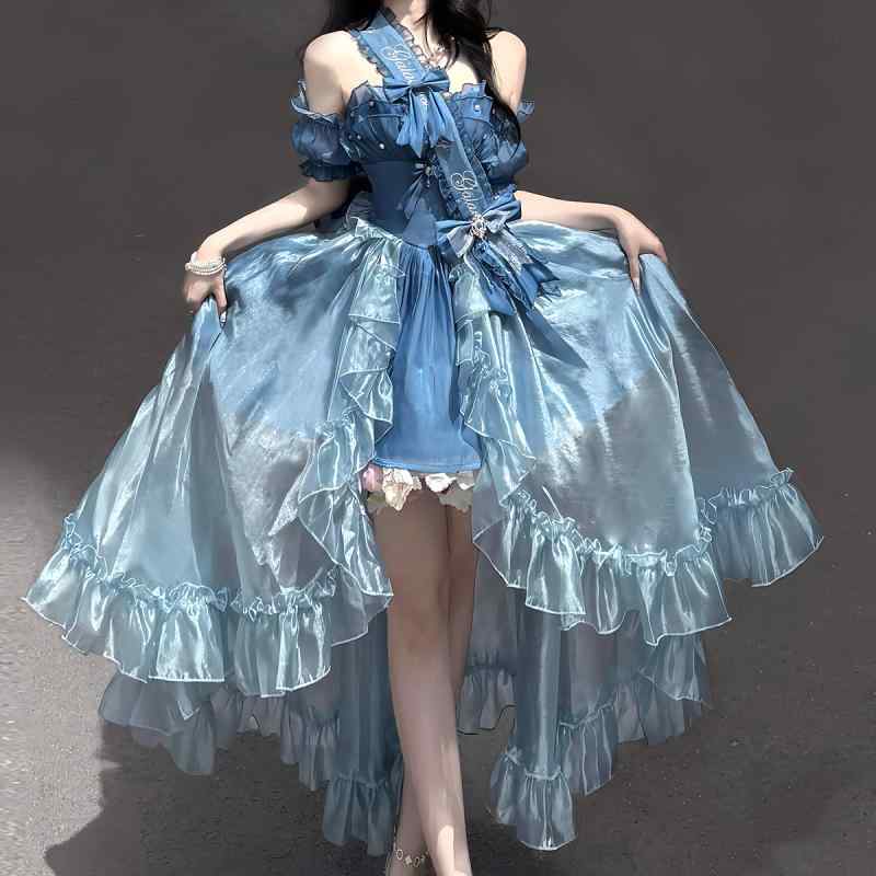 ワンピース レディース ロリータ オリジナル 煌めく星空 プリンセス風 かわいい パフスリーブ オフショルダー アシンメトリースカート セット リボン 袖飾り｜Kokorohare