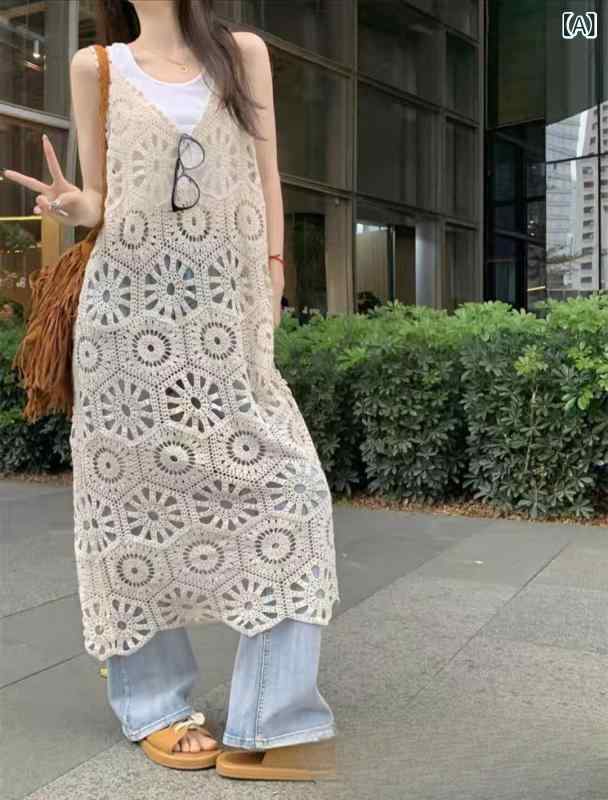 ワンピース レディース クロシェ ニット Aライン ロング ノースリーブ キャミソール レイヤード 透け感 ヴィンテージ ナチュラル 森ガール 編み込み ドレス 女性用 長丈 無袖 洗練 スタイル 軽やか シルエット