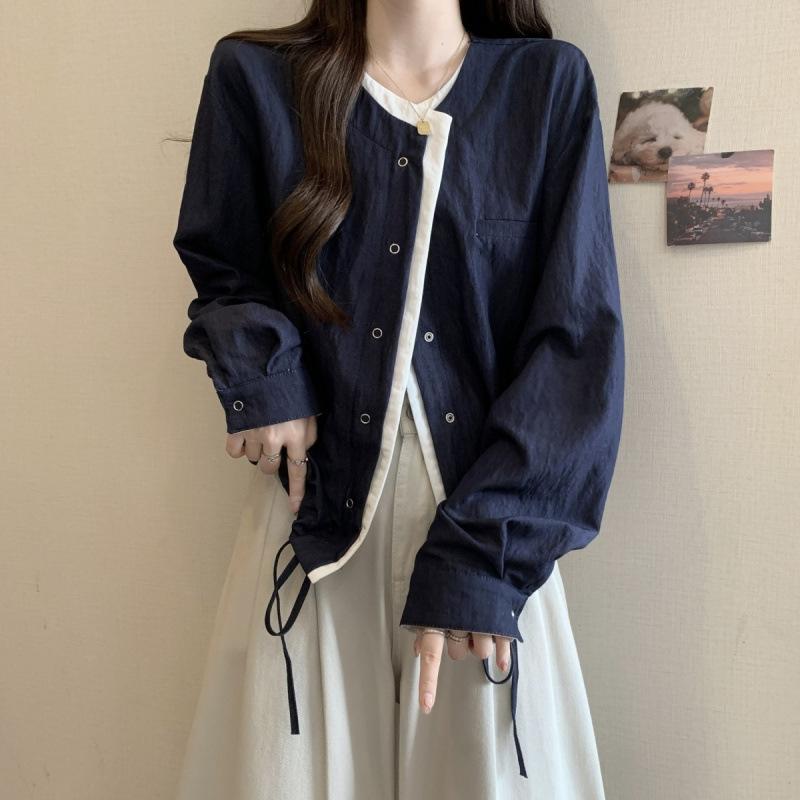 レディース シャツ フェイクレイヤード カーディガン ジャケット 大きめサイズ 春 シック スタイリッシュ 女性用 ぽっちゃり対応 トップス 軽量 伸縮性 綿素材 ハイネック Vネック ロング丈 ブラック ピンク系 アイボリー カジュアル 普段使い 通勤