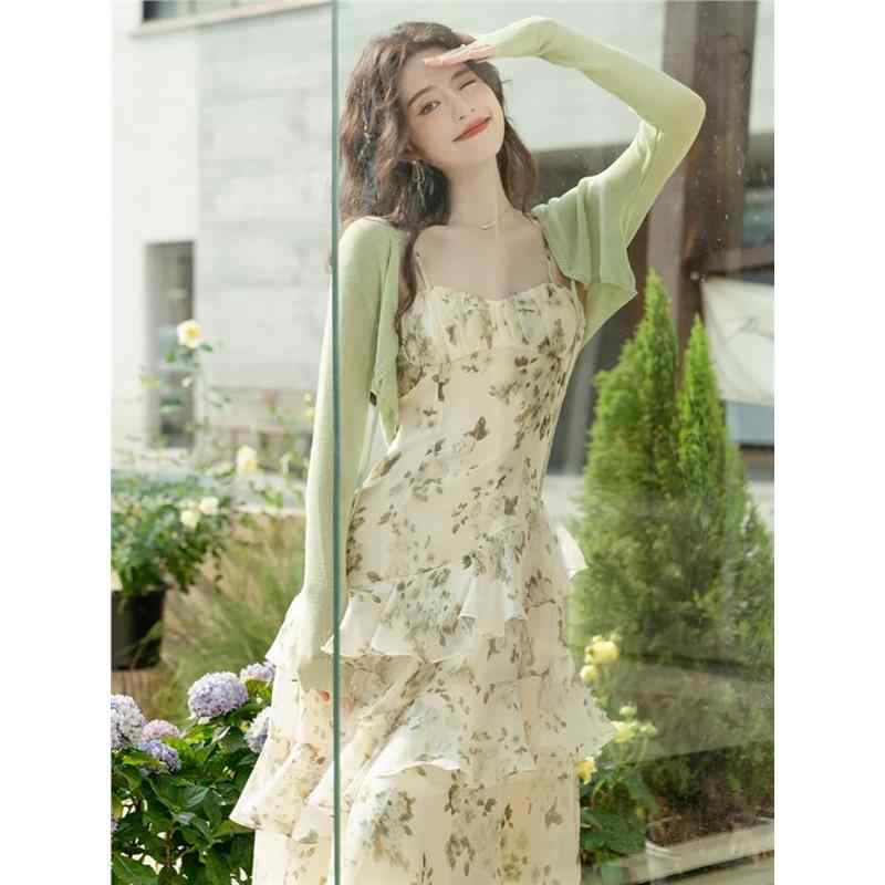 ワンピース レディース 夏用 シフォン フレンチスタイル 緑 小花柄 吊り帯 ロングスカート 2点セット 軽量 通気性 涼感 ガーリー フェミニン
