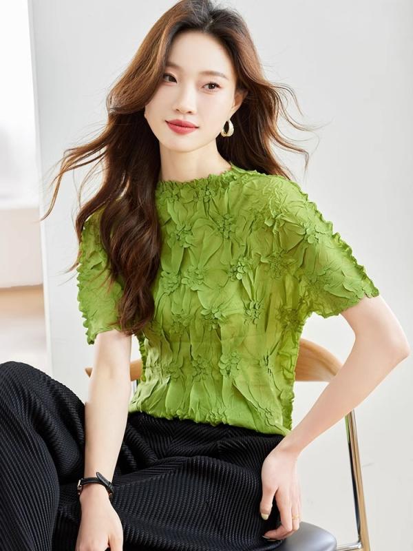 トップス レディース プリーツ 立体 押し花 短袖 Tシャツ 細見せ 上品 かわいい 立襟 シースルー 春夏 軽量 伸縮性 吸湿速乾
