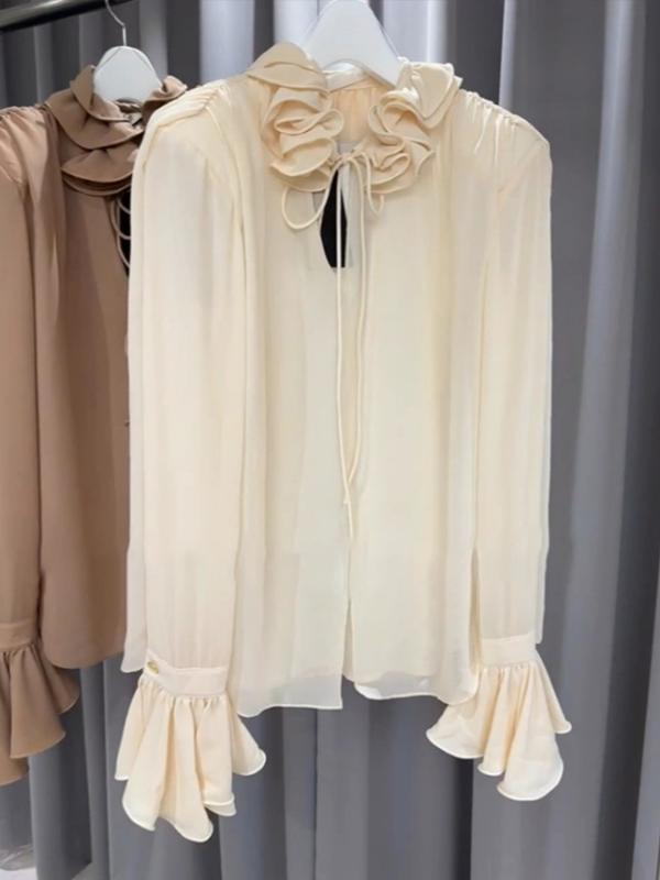 レディース ブラウス 長袖 シフォン ゆったり 韓国 ラッフルカラー 春秋 フェミニン 軽やか 通勤 普段使い