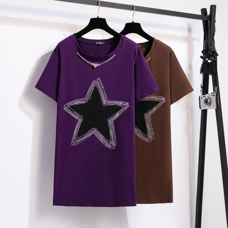 春夏 レディース ゆったり 短袖 Tシャツ 丸首 大きい星 ラインストーン 中長丈 ビッグサイズ トップス カジュアル スタイリッシュ 日常使い 軽量 コットン混 吸湿速乾