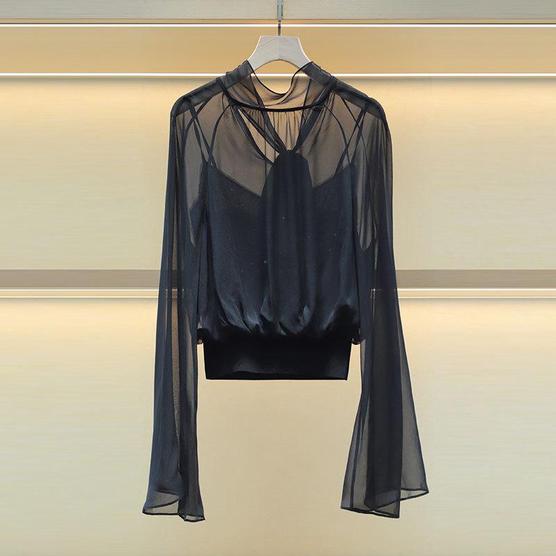 ブラウス シフォン 透け感 ゆったり セクシー 上品 レース リボン 春夏 軽量 スタイリッシュ トップス 14,394円