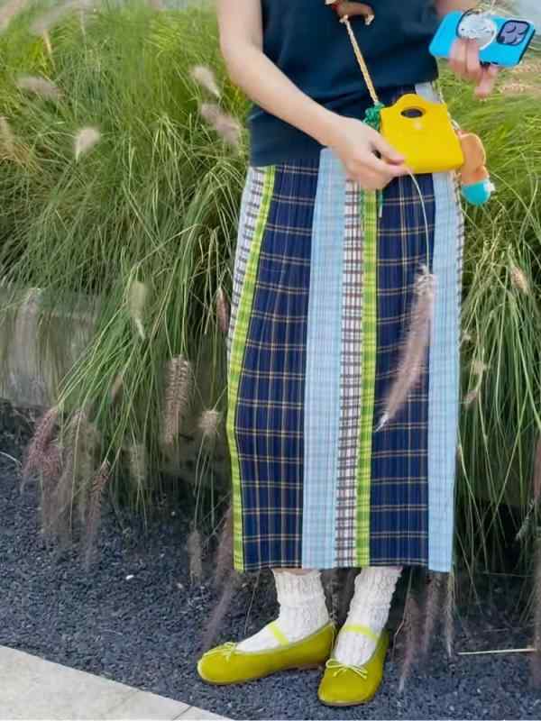 プリーツスカート レディース 夏用 ロング丈 チェック柄 レトロ 切り替え ストレート 軽量 通勤 普段使い 綿混 ハイウエスト ビッグシルエット ブラック ピンク系 アイボリー