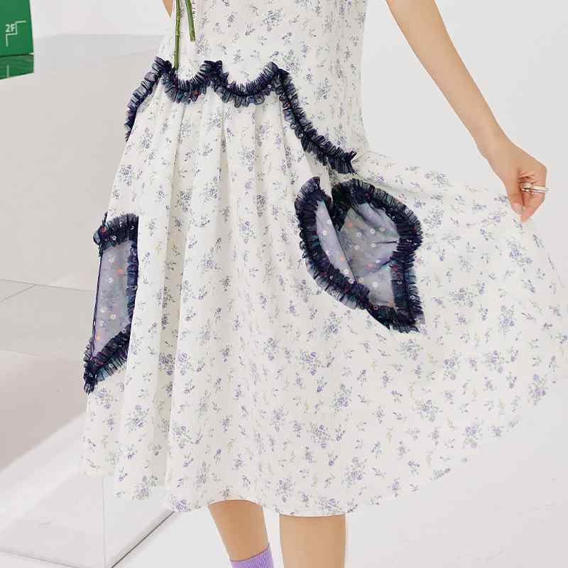 夏用 ガールズ ミディスカート 花柄プリント ハートモチーフ コントラストカラー ゆったりシルエット ゴムウエスト カジュアル デイリー 軽やか素材