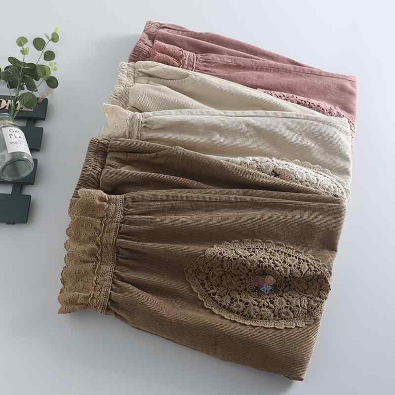 パンツ レディース ランタン 森ガール 花柄 刺繍 コード生地 フィット 9分丈 クロップド ゆったり カジュアル 普段使い 切り替え かわいい シルエット