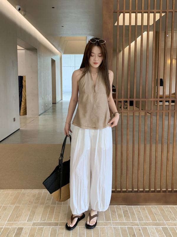 レディース フィット カジュアル 9分丈 パンツ 韓国 シンプル 単色 伸縮腰 ランタンシルエット 普段使い ゆったり ボトムス