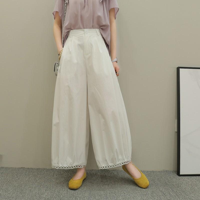 レディース 夏用 ハイウエスト ワイドパンツ 透かしレース 灯?シルエット 9分丈 ゆったり カジュアル ボトムス 細見え 日常使い 軽量 伸縮性