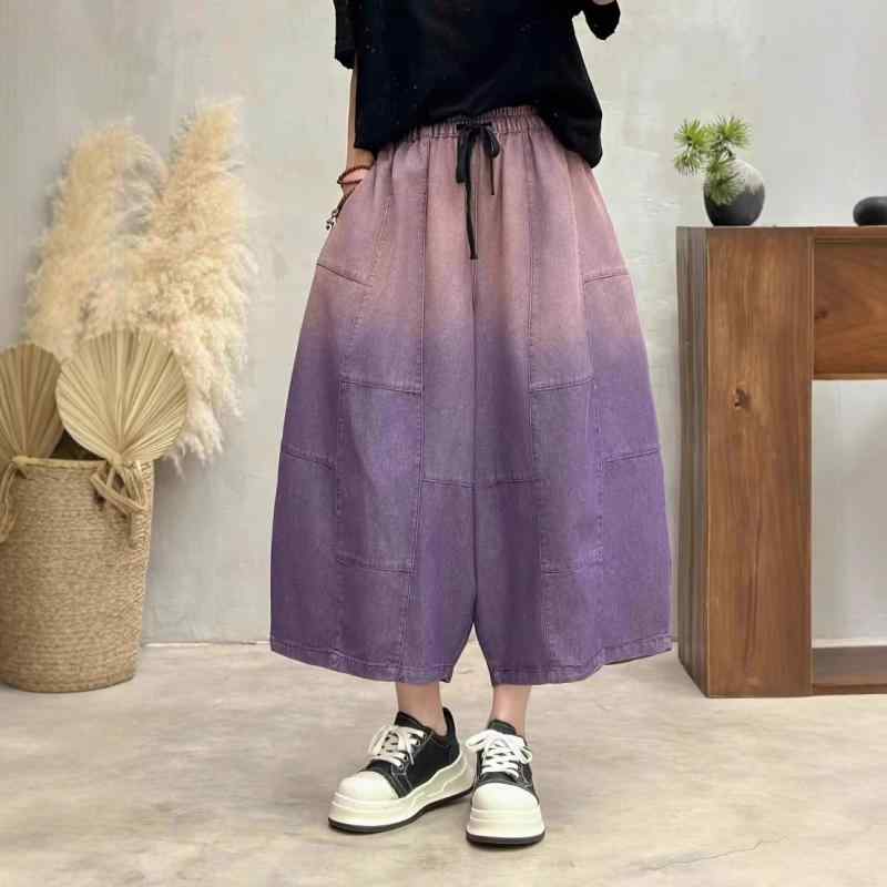 パンツ 女性用 デニム ワイドレッグ 夏 コントラストカラー 切り替え 伸縮ウエスト ドローストリング カプリ丈 カジュアル ランタンシルエット 快適 軽量 普段使い ストリート