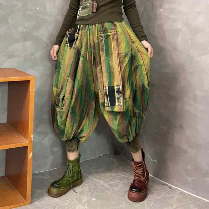 レディース デニム ハレムパンツ ゆったり ビッグシルエット コントラスト ストライプ ビンテージ 加工 スリム 見せ 細脚 秋用 カジュアル ボトムス ストリート ファッション