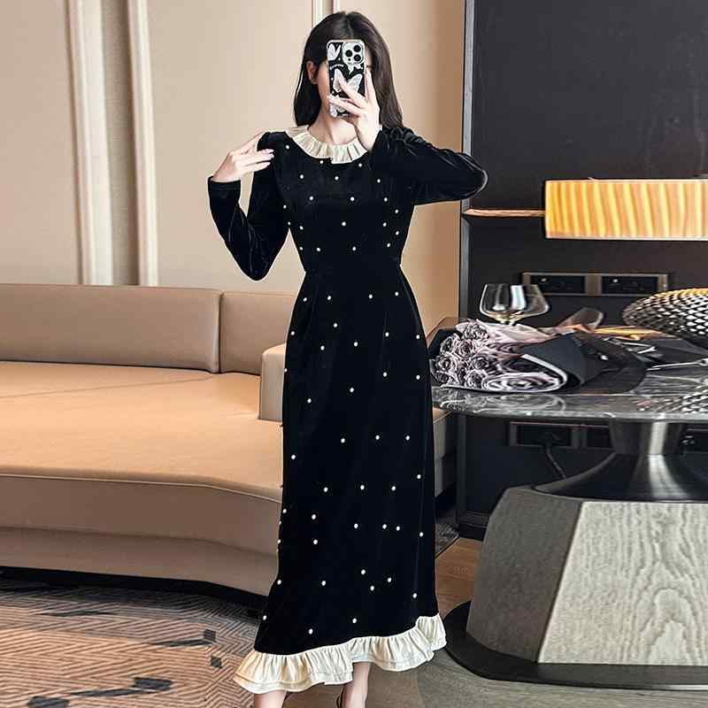 ワンピース レディース フレンチスタイル ラペルカラー フリルエッジ ビーズ刺繍 ロング丈 ベルベット素材 ボディコンシルエット スリム効果 秋冬 伸縮性 接触冷感