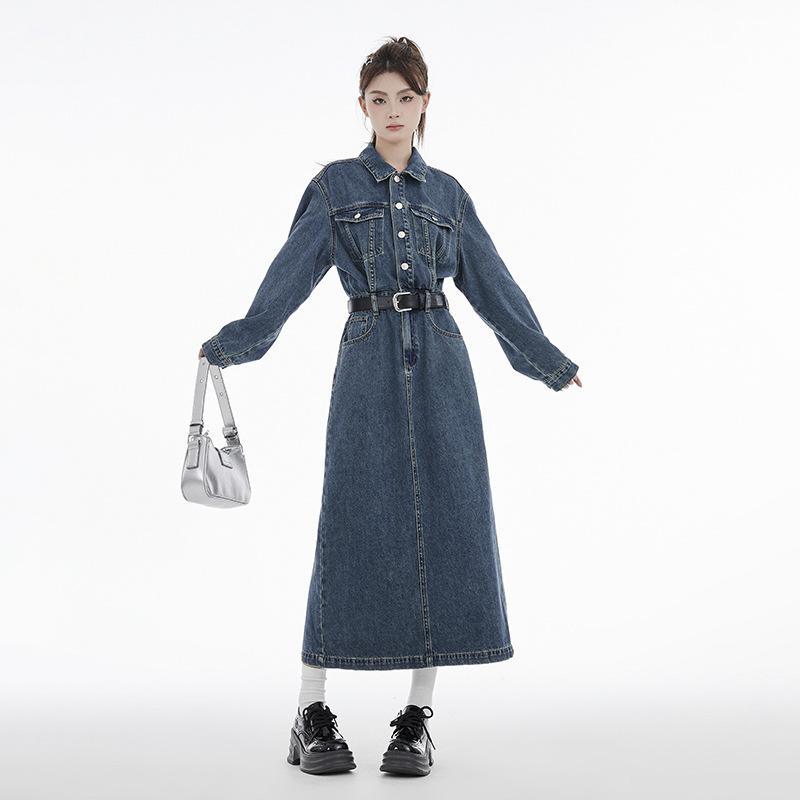 レディース デニム ワンピース 春秋 ロングドレス レトロ 高級感 スリムフィット 脚長効果 上品 カジュアル スタイル