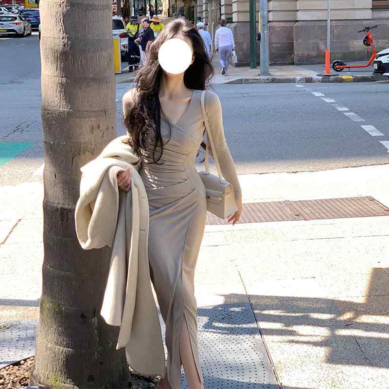 レディース 衣装 V素っ首 長袖 ロング御召しもの 烏兎 細押し出し 酉の方角シェイプ 肌付き アウター 両用 花の冠yd 表現スタイル 好いたらしい 普段使い