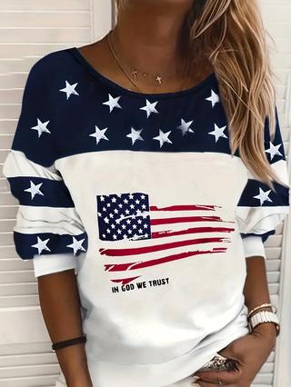 Tシャツ レディース 春秋 丸首 カジュアル ストライプ アメリカ国旗 プリント プルオーバー ゆったり 長袖 トップス フィット グラフィック 普段使い