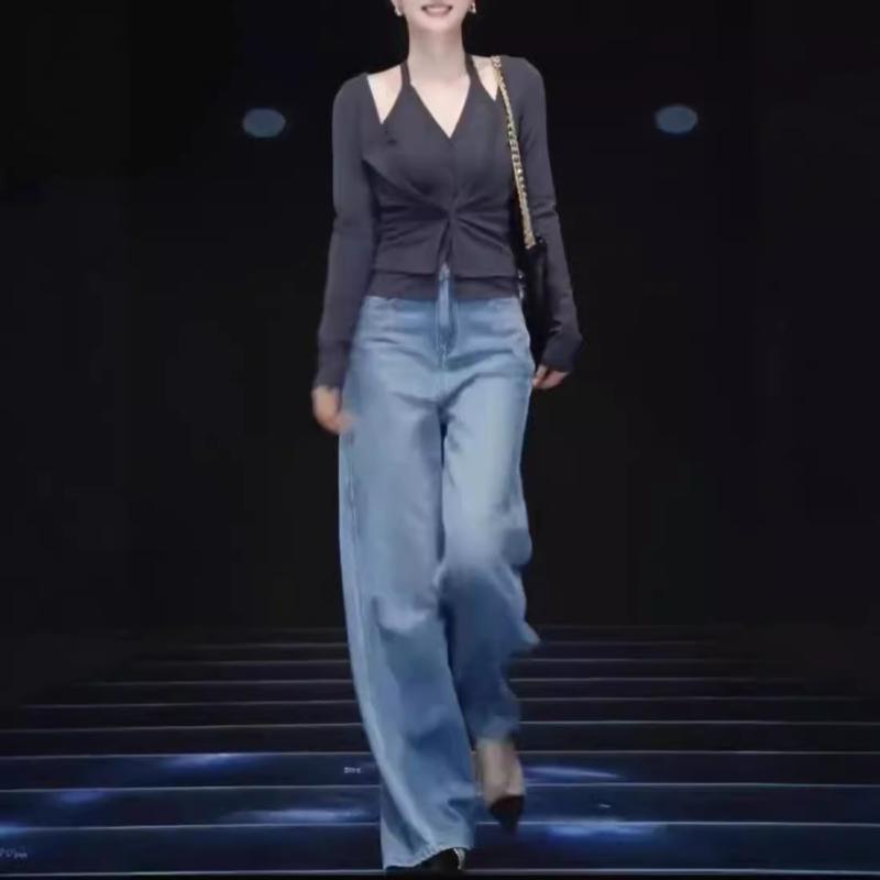 レディース ハルターネック フェイクツーピース ブラウス ハイウエスト ストレート デニムパンツ セット 春秋 カジュアル 普段使い 伸縮性 コットン混 ミディアムブルー