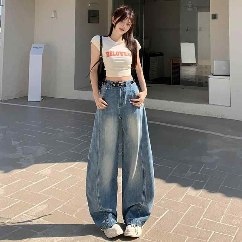 女性用 アメリカン レトロ ハイウエスト ワイドレッグ ベルボトム デニムパンツ 春 カジュアル フィット ロング丈 ストレッチ 快適