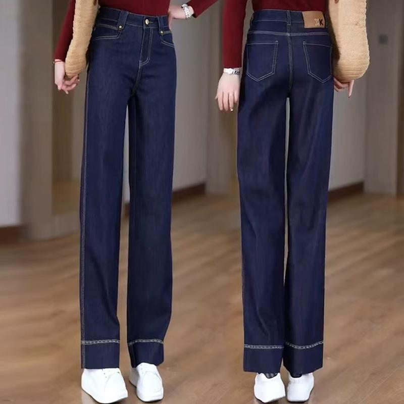 レディース デニムパンツ ハイウエスト ワイドレッグ ストレート ルーズフィット デニムブルー 春秋 スリム見せ 百搭 普段使い カジュアル 伸縮性 軽量 インディゴ