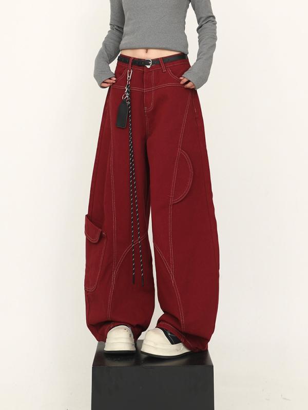 レディース パンツ レトロ 工装風 デニム ワイドレッグ 赤 フィット フロア丈 春秋 カジュアル ストレッチ コットン 混 素材