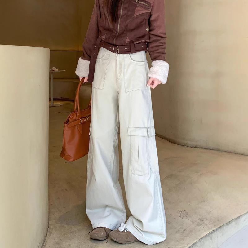 ジーンズ レディース ハイウエスト デニムパンツ ヴィンテージ レトロ アメリカンスタイル ルーズ ゆったり カジュアル ワーク ポケット スリム見せ 万能 春秋 デニム素材 ストレッチ 普段使い 通勤 コーデ