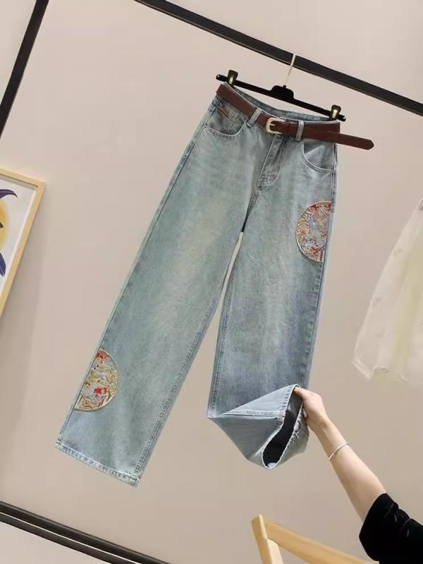 デニムパンツ 女性用 ハイウエスト チャイナ刺繍 ゆったり ストレート 細見え 中国風 春秋 コーディネートしやすい ロング丈 デニム素材