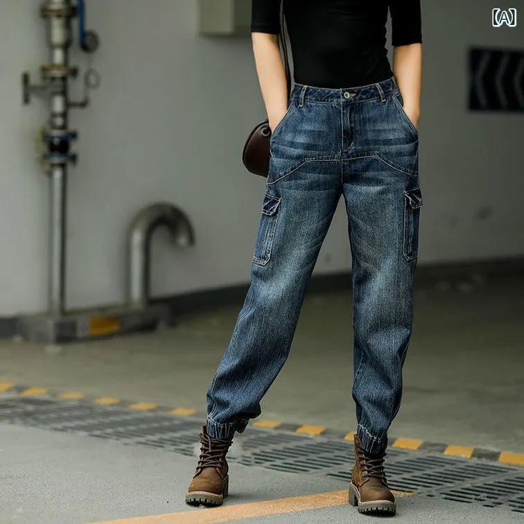 レディース ハイウエスト デニムパンツ ゆったり ストレート 伸縮腰 春秋 カジュアル ワーク風 スリム効果 デニム素材 フィット ボトムス