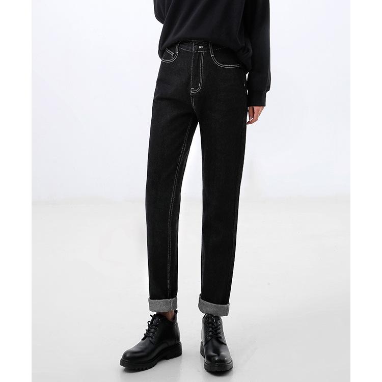 デニムパンツ レディース ハイウエスト ストレート ブラック ゆったり ステッチ 春秋 ロング丈 カジュアル ストレッチ コットン 素材 快適 普段使い