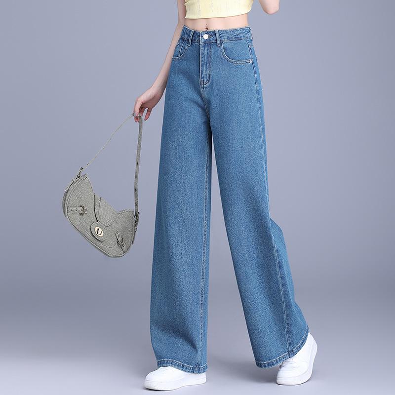 デニムパンツ レディース ハイウエスト ワイドレッグ ストレート 細見え ドレープ感 肌触り良い 柔らかい 春秋 カジュアル 普段使い