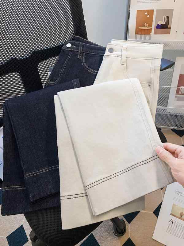 レディース デニムパンツ アイボリー 春秋 ハイウエスト ワイドレッグ ストレート 9分丈 細見え カジュアル コットン素材 デイリーウェア