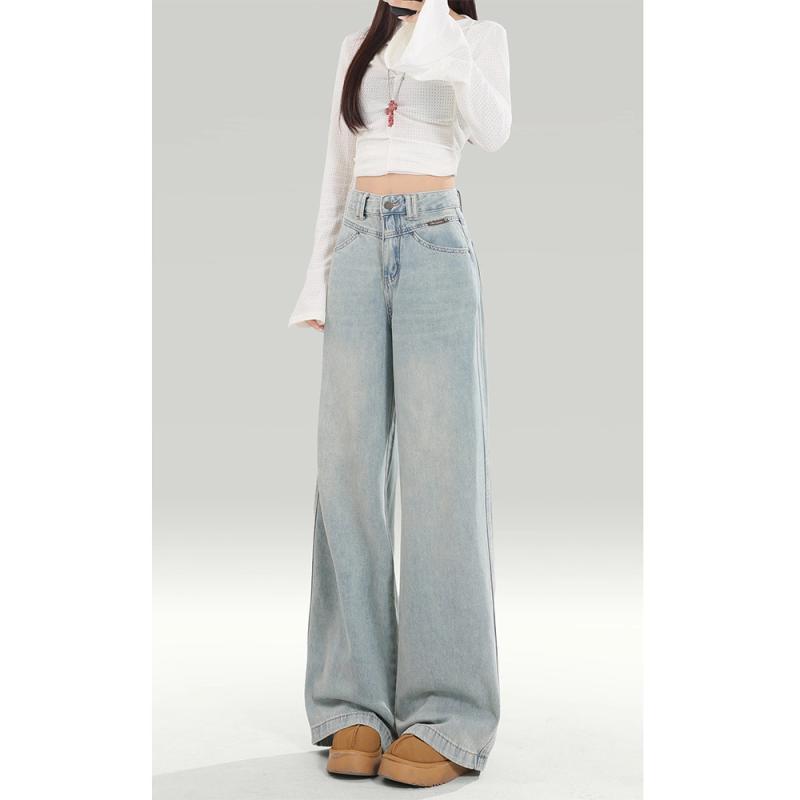 デニムパンツ 女性用 ワイドレッグ ハイウエスト ストレート フロア丈 ゆったり 垂れ感 ライトカラー 春秋 カジュアル スタイル デニム素材 フィット ビッグシルエット 通勤 普段使い