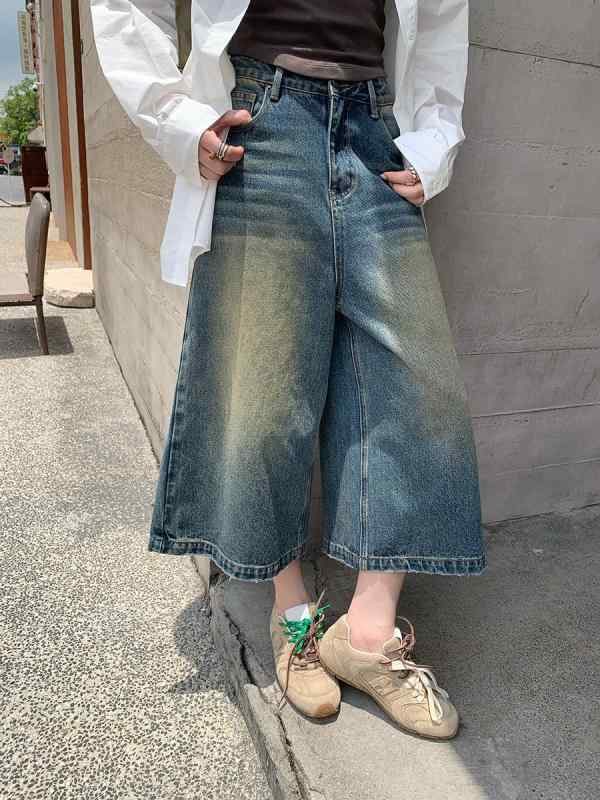 レディース デニムパンツ ハイウエスト ワイドレッグ ブルー 7分丈 クロップド レトロ アメリカンスタイル カジュアル 春秋 普段使い ストレッチ