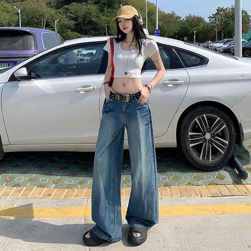 レディース ハイウエスト ワイドレッグパンツ アメリカン レトロ ダブルス デニム ゆったり スリム効果 ドレープ ロング丈 カジュアル 春秋