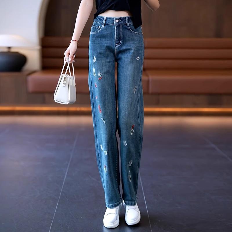 パンツ 女性用 デニム ワイドレッグ ストレート 刺繍 中国風 高級感 ゆったり ドレープ スリム見え 春秋 カジュアル 普段使い 伸縮性