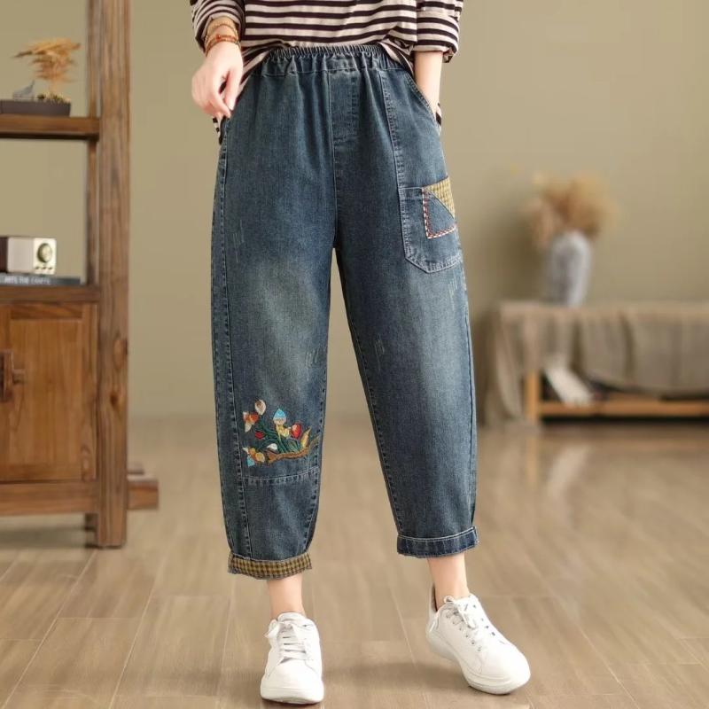 デニムパンツ レディース 復古風 ゆったり 猫刺繍 ストレート 春 カジュアル 普段使い 伸縮性 軽量 デニム素材 ボトムス ズボン