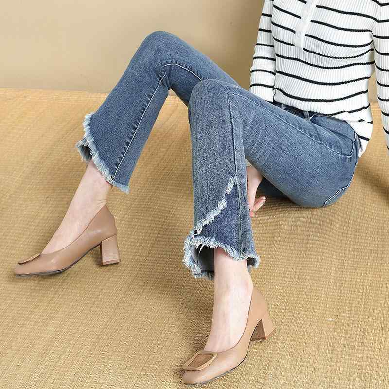 パンツ レディース デニム ハイウエスト 9分丈 ゆったり ストレート 微フレア スリムフィット スリム効果 毛縁 春 カジュアル 普段使い コットン混 ストレッチ