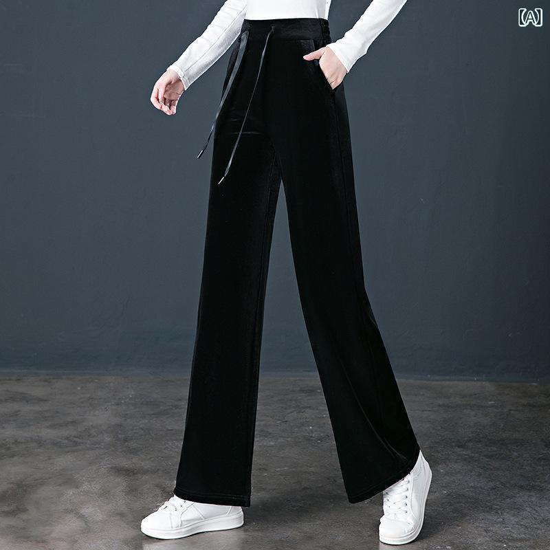ワイドパンツ レディース ベルベット素材 春秋用 ハイウエスト 伸縮性 落ち感 フィット ストレート レギュラーレングス カジュアルスタイル