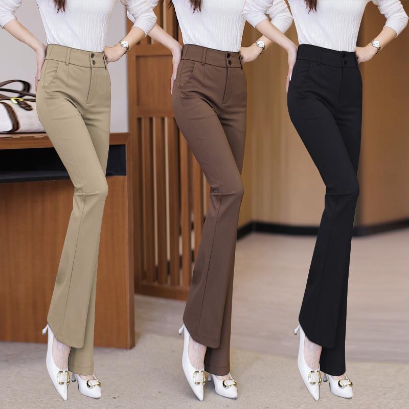 パンツ 女性用 ハイウエスト 微フレア ストレッチ スーツ オフィス カジュアル ロング 細見え ドレープ 春秋 通勤 普段使い 吸湿速乾