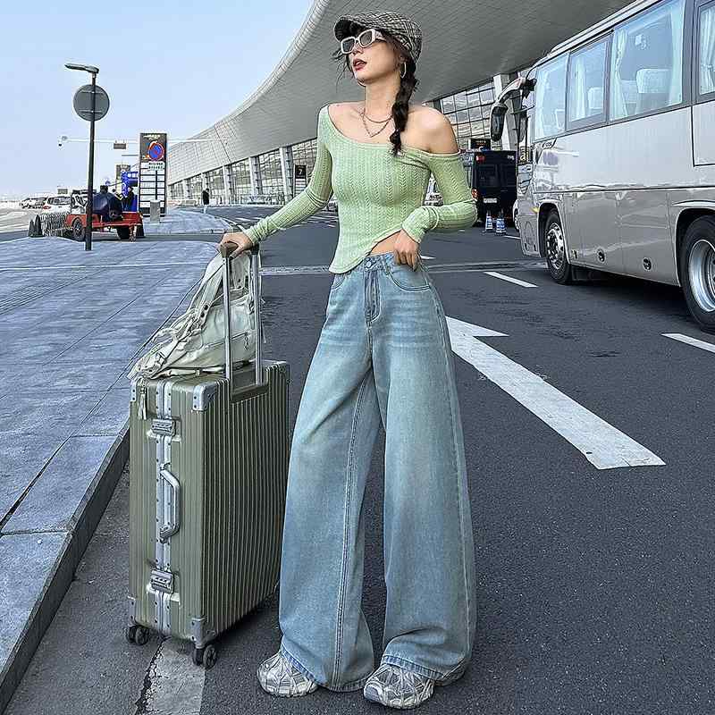 デニムパンツ レディース ライトブルー レトロ ウォッシュ ハイウエスト ワイドレッグ カジュアル 落ち感 ペティ 春秋 ストレート デニム素材 普段使い
