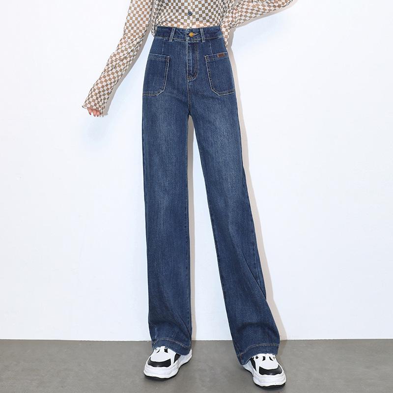 レディース ハイウエスト デニムパンツ ワイドレッグ ルーズフィット レトロスタイル スリム見え 小柄向け ストレートカット ロング丈 春秋 カジュアル コットン素材