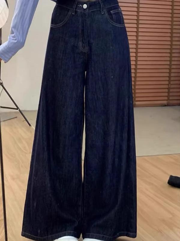 デニムパンツ レディース ハイウエスト ワイドレッグ ダークブルー 春秋 小柄対応 ゆったり リラックスフィット ストレート カジュアル 普段使い デニム素材 伸縮性