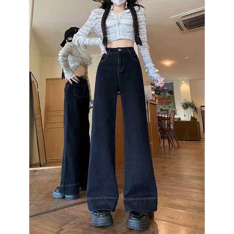 レディース デニムパンツ ハイウエスト ワイドレッグ ストレート 春秋 ゆったり 大きめサイズ 着痩せ 微フレア 下半身カバー 普段使い コットン混 伸縮性