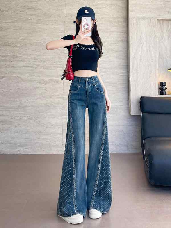 レディース デニムパンツ ワイドレッグ ライトブルー ハイウエスト 切り替え フレア ロング丈 低身長向け 春秋 カジュアル ストレッチ 普段使い 4,659円
