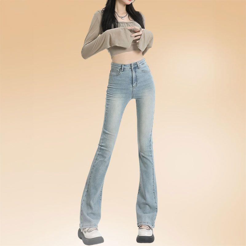 デニムパンツ レディース ハイウエスト ストレッチ スリムフィット 軽めフレア ライトカラー ブーツカット 小柄対応 カジュアル 普段使い デニム素材 伸縮性 快適 春秋