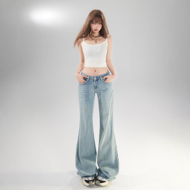 デニムパンツ 女性用 ライトブルー 微フレア ストレート 春秋 ドレープ感 スリム効果 カジュアル 普段使い ジーンズ ボトムス 青系