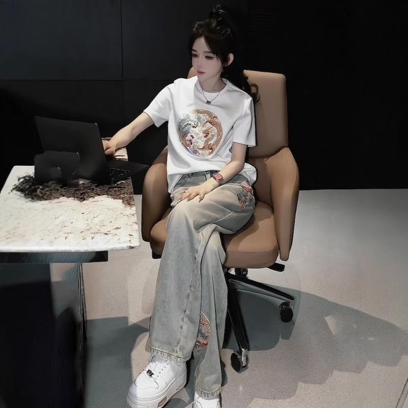レディース デニムパンツ 中国風刺繍 ライトカラー ハイウエスト ストレート ワイドレッグ 春秋 カジュアル 普段使い 伸縮性