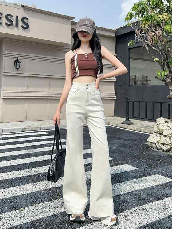 レディース デニムパンツ ベージュ ハイウエスト ワイドレッグ フィット 小柄対応 フレア 春秋 カジュアル ストレッチ 快適 普段使い