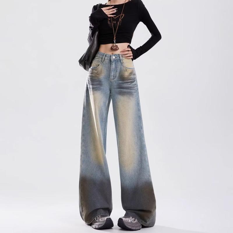 レディース デニムパンツ ワイドレッグ ハイウエスト グラデーション レトロ 春秋 ゆったり ロング丈 ストレート スリム効果 ストレッチ素材 カジュアル 普段使い 軽量 吸湿速乾 デニム ボトムス ズボン ストリートスタイル