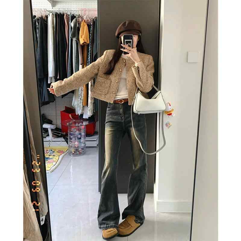 レディース デニムパンツ ハイウエスト 微フレア ロング丈 スリムフィット レトロ 春物 デニム素材 伸縮性 軽量 カジュアル 普段使い 細身シルエット